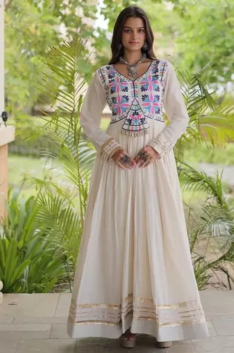 kora cotton multi thread embroidered gown with gota patti & real mirror work  full sleeves festive gown 