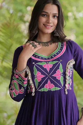 kora cotton multi thread embroidered mirror & real codi work gown  12 meter flair 4 layer stitching 