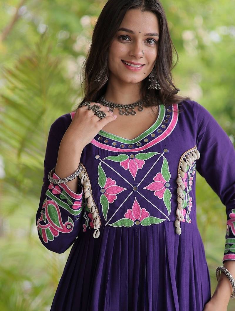 kora cotton multi thread embroidered mirror & real codi work gown  12 meter flair 4 layer stitching 