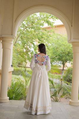 kora cotton multi thread embroidered gown with gota patti & real mirror work  full sleeves festive gown  2