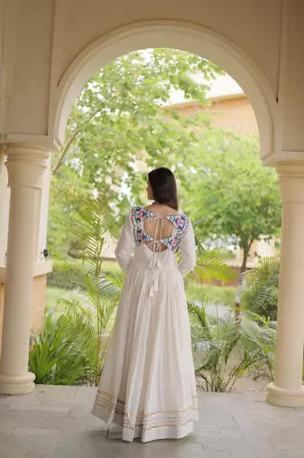 kora cotton multi thread embroidered gown with gota patti & real mirror work  full sleeves festive gown 
