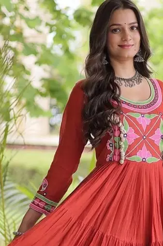 kora cotton multi thread embroidered mirror & real codi work gown  12 meter flair 4 layer stitching 