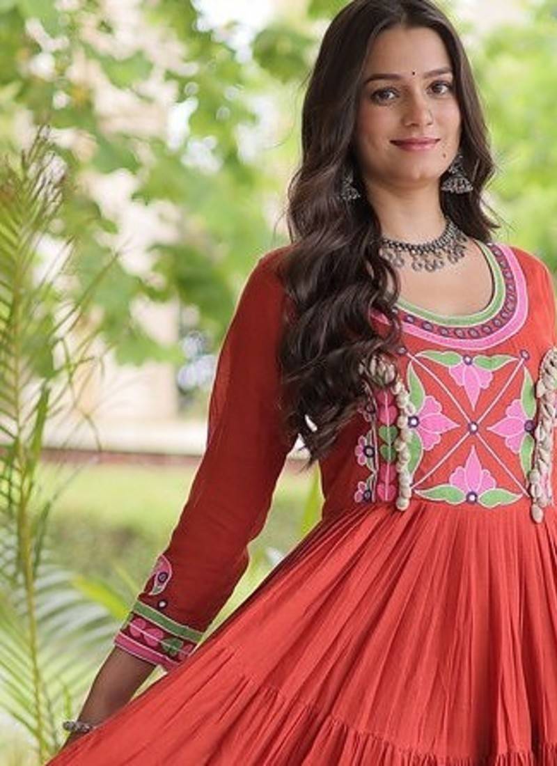 kora cotton multi thread embroidered mirror & real codi work gown  12 meter flair 4 layer stitching 