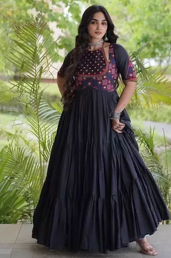 kora cotton multi thread embroidered real mirror work gown  12 meter flair designer ethnic dress 