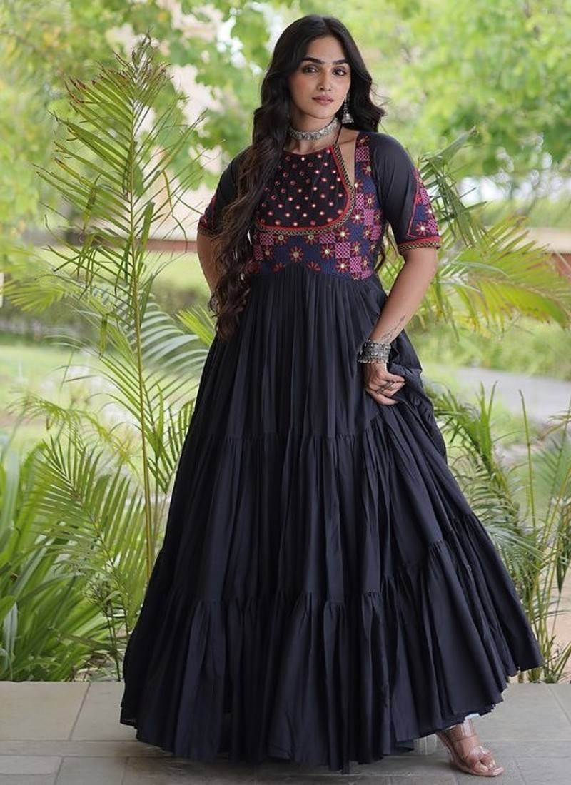 kora cotton multi thread embroidered real mirror work gown  12 meter flair designer ethnic dress 