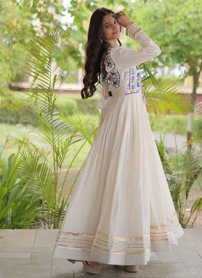 kora cotton multi thread embroidered gown with gota patti & real mirror work  full sleeves festive gown  3