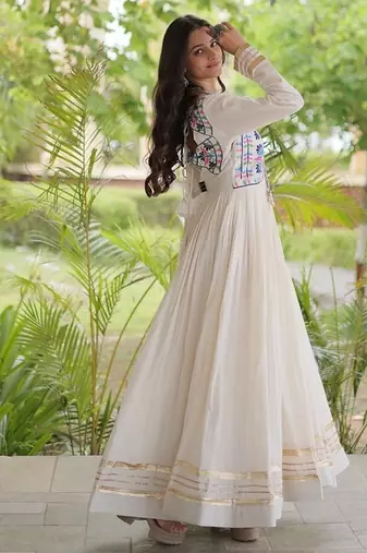 kora cotton multi thread embroidered gown with gota patti & real mirror work  full sleeves festive gown 