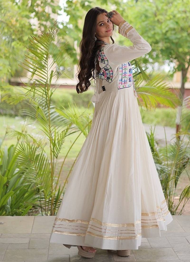 kora cotton multi thread embroidered gown with gota patti & real mirror work  full sleeves festive gown 