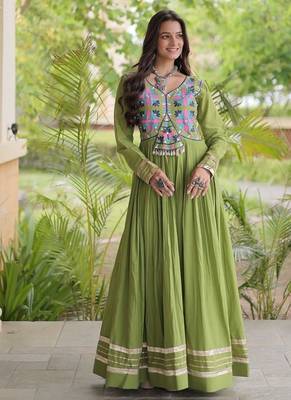 kora cotton multi thread embroidered gown with gota patti & real mirror work  full sleeves festive gown  1