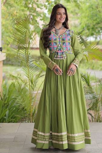 kora cotton multi thread embroidered gown with gota patti & real mirror work  full sleeves festive gown 