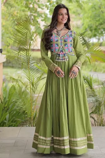 kora cotton multi thread embroidered gown with gota patti & real mirror work  full sleeves festive gown 