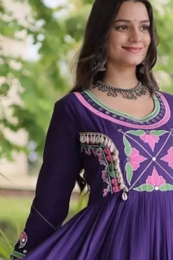 kora cotton multi thread embroidered mirror & real codi work gown  12 meter flair 4 layer stitching 