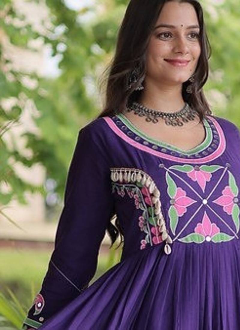 kora cotton multi thread embroidered mirror & real codi work gown  12 meter flair 4 layer stitching 