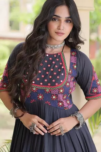 kora cotton multi thread embroidered real mirror work gown  12 meter flair designer ethnic dress 