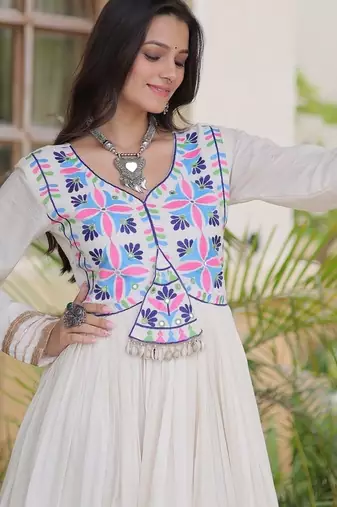 kora cotton multi thread embroidered gown with gota patti & real mirror work  full sleeves festive gown 