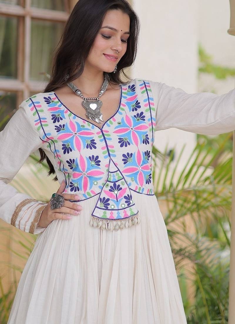 kora cotton multi thread embroidered gown with gota patti & real mirror work  full sleeves festive gown 