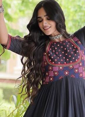 kora cotton multi thread embroidered real mirror work gown  12 meter flair designer ethnic dress  5