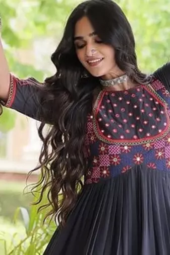 kora cotton multi thread embroidered real mirror work gown  12 meter flair designer ethnic dress 