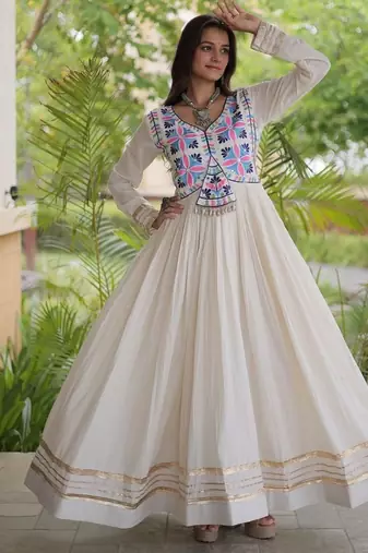 kora cotton multi thread embroidered gown with gota patti & real mirror work  full sleeves festive gown 