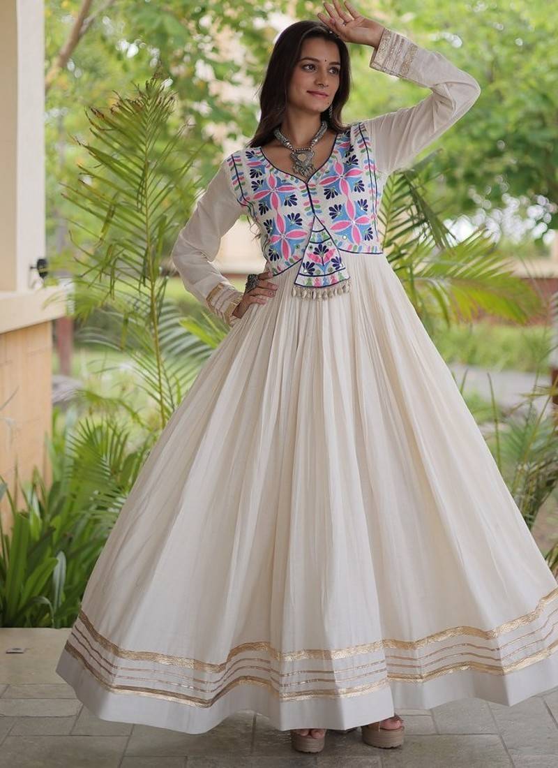 kora cotton multi thread embroidered gown with gota patti & real mirror work  full sleeves festive gown 