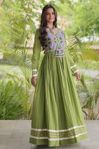 kora cotton multi thread embroidered gown with gota patti & real mirror work  full sleeves festive gown 
