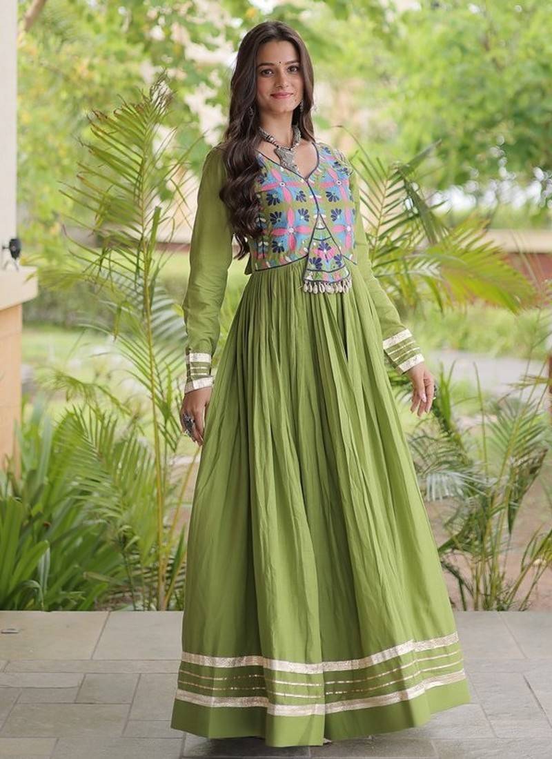 kora cotton multi thread embroidered gown with gota patti & real mirror work  full sleeves festive gown 