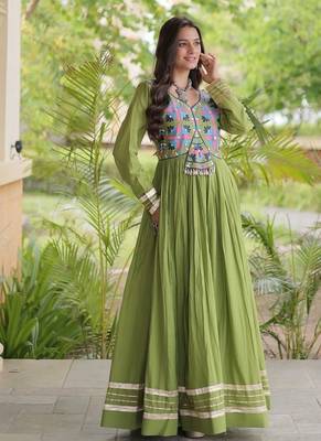 kora cotton multi thread embroidered gown with gota patti & real mirror work  full sleeves festive gown  4