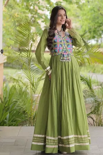 kora cotton multi thread embroidered gown with gota patti & real mirror work  full sleeves festive gown 
