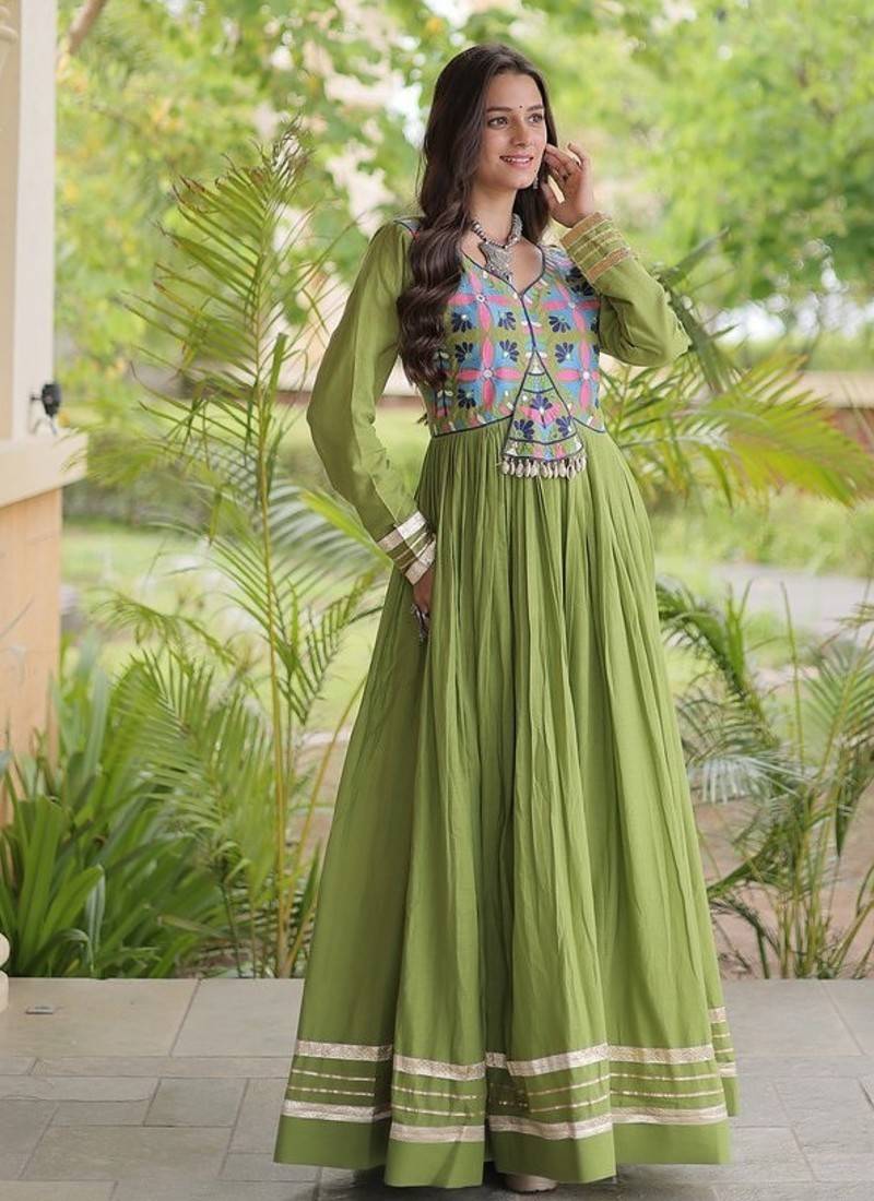 kora cotton multi thread embroidered gown with gota patti & real mirror work  full sleeves festive gown 