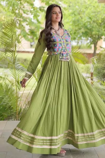 kora cotton multi thread embroidered gown with gota patti & real mirror work  full sleeves festive gown 