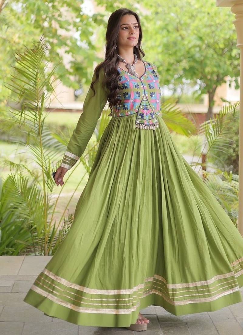 kora cotton multi thread embroidered gown with gota patti & real mirror work  full sleeves festive gown 