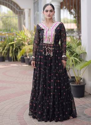 faux georgette laheriya printed gown with kutchi patch work  12 meter flair full sleeves festive ethnic gown  1