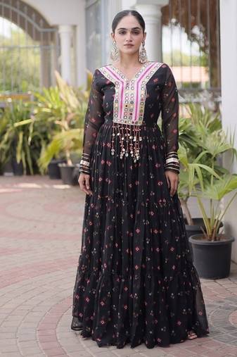 faux georgette laheriya printed gown with kutchi patch work  12 meter flair full sleeves festive ethnic gown 