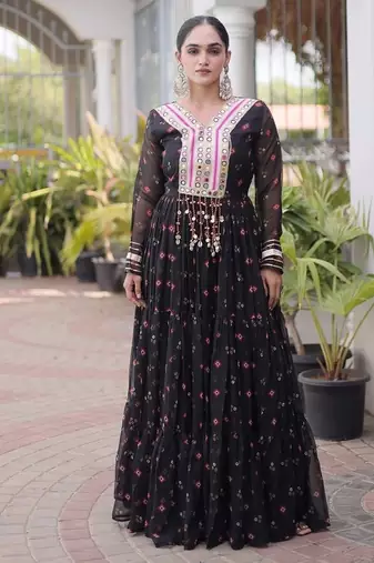 faux georgette laheriya printed gown with kutchi patch work  12 meter flair full sleeves festive ethnic gown 