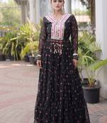 faux georgette laheriya printed gown with kutchi patch work  12 meter flair full sleeves festive ethnic gown 