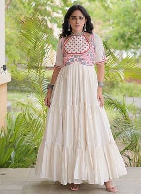 kora cotton multi thread embroidered real mirror work gown  12 meter flair designer ethnic dress  1