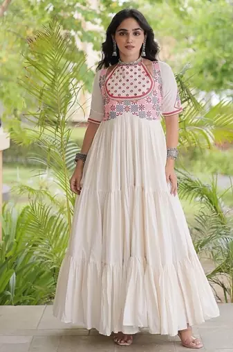 kora cotton multi thread embroidered real mirror work gown  12 meter flair designer ethnic dress 