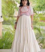 kora cotton multi thread embroidered real mirror work gown  12 meter flair designer ethnic dress 