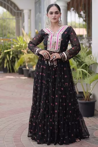 faux georgette laheriya printed gown with kutchi patch work  12 meter flair full sleeves festive ethnic gown 