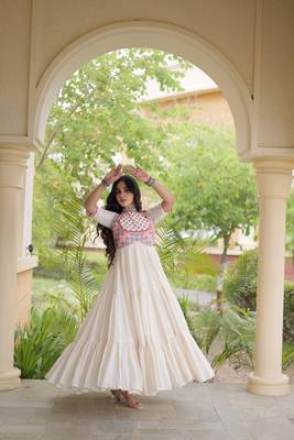 kora cotton multi thread embroidered real mirror work gown  12 meter flair designer ethnic dress  2