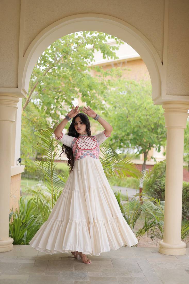 kora cotton multi thread embroidered real mirror work gown  12 meter flair designer ethnic dress 