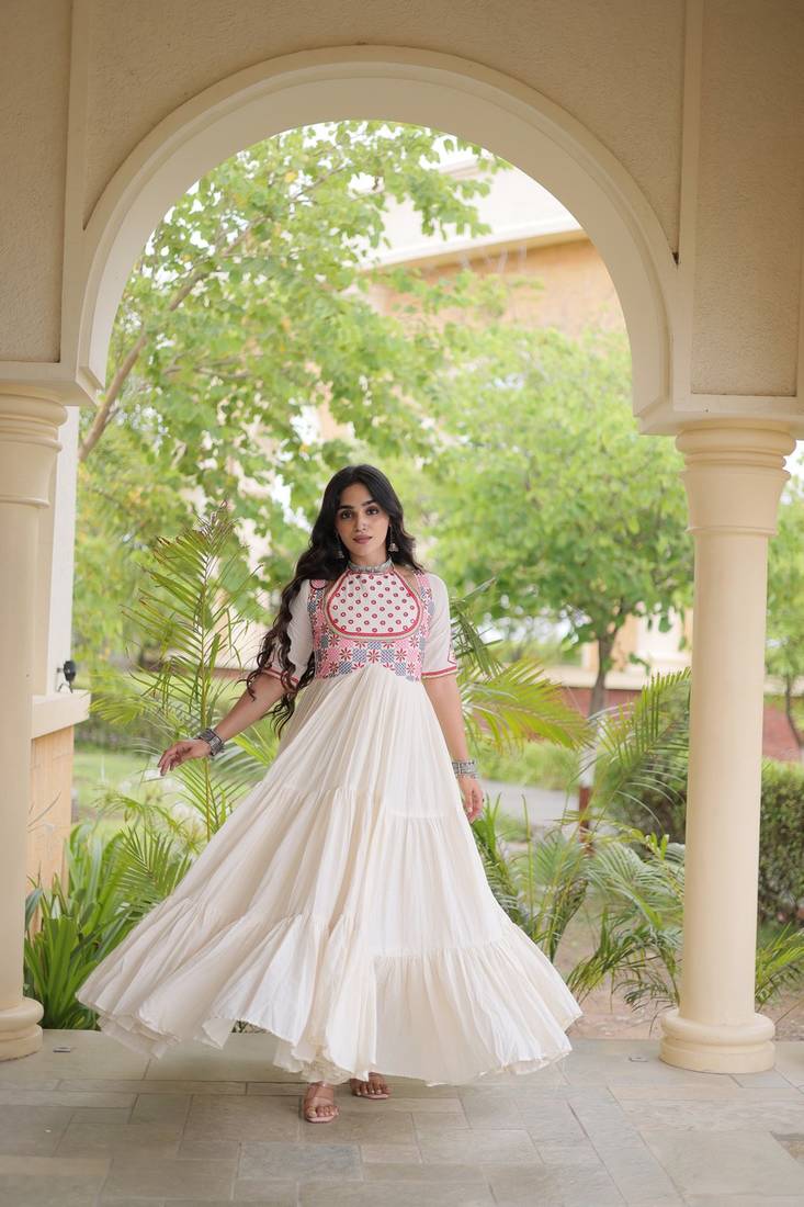 kora cotton multi thread embroidered real mirror work gown  12 meter flair designer ethnic dress 
