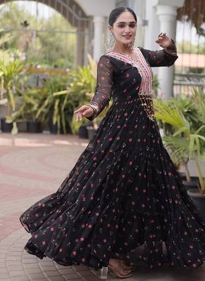 faux georgette laheriya printed gown with kutchi patch work  12 meter flair full sleeves festive ethnic gown  3