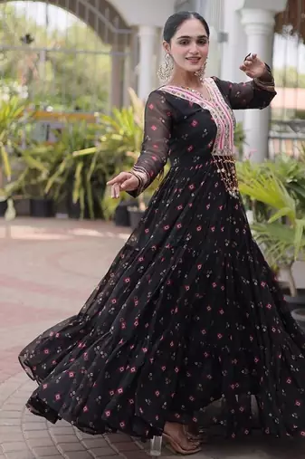 faux georgette laheriya printed gown with kutchi patch work  12 meter flair full sleeves festive ethnic gown 