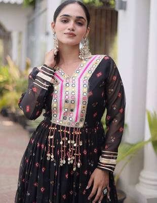 faux georgette laheriya printed gown with kutchi patch work  12 meter flair full sleeves festive ethnic gown  4