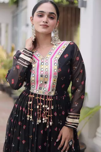 faux georgette laheriya printed gown with kutchi patch work  12 meter flair full sleeves festive ethnic gown 