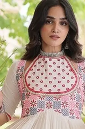 kora cotton multi thread embroidered real mirror work gown  12 meter flair designer ethnic dress 