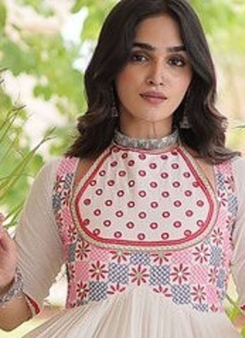 kora cotton multi thread embroidered real mirror work gown  12 meter flair designer ethnic dress 