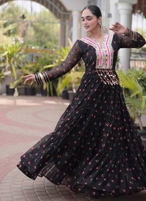 faux georgette laheriya printed gown with kutchi patch work  12 meter flair full sleeves festive ethnic gown  5