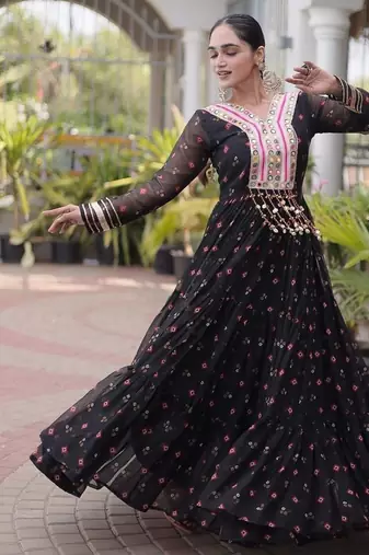 faux georgette laheriya printed gown with kutchi patch work  12 meter flair full sleeves festive ethnic gown 